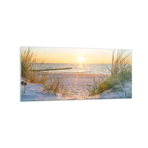 Cuadro sobre vidrio - Impresiones sobre Vidrio - Una playa de arena con vistas a la puesta de sol sobre el mar. - 120x50cm - El sonido del mar, el canto de los pájaros, una playa virgen entre las dunas... - Decoración de pared moderna para salón y dormito