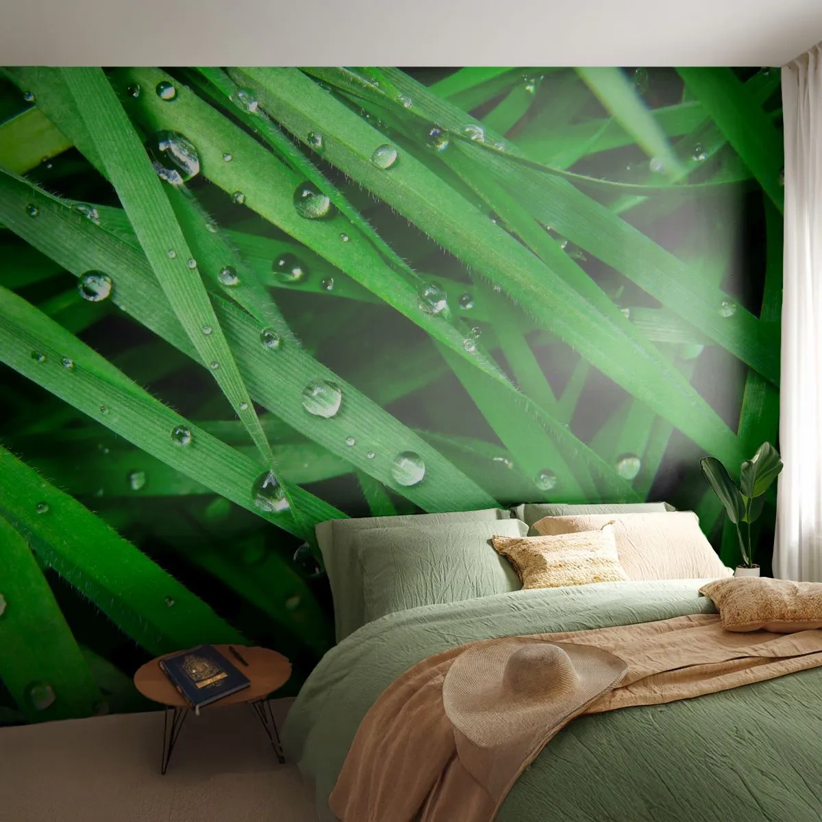 Fotomural Premium Sand - Hierba verde cubierta de gotas de rocío - 100x70cm - Jugar al verde - Decoración de pared moderna para salón y dormitorio ARTTOR