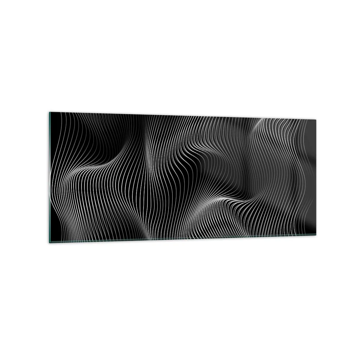Cuadro sobre vidrio - Impresiones sobre Vidrio - Líneas blancas abstractas sobre un fondo negro - 120x50cm - La danza de la luz en el espacio - Decoración de pared moderna para salón y dormitorio ARTTOR