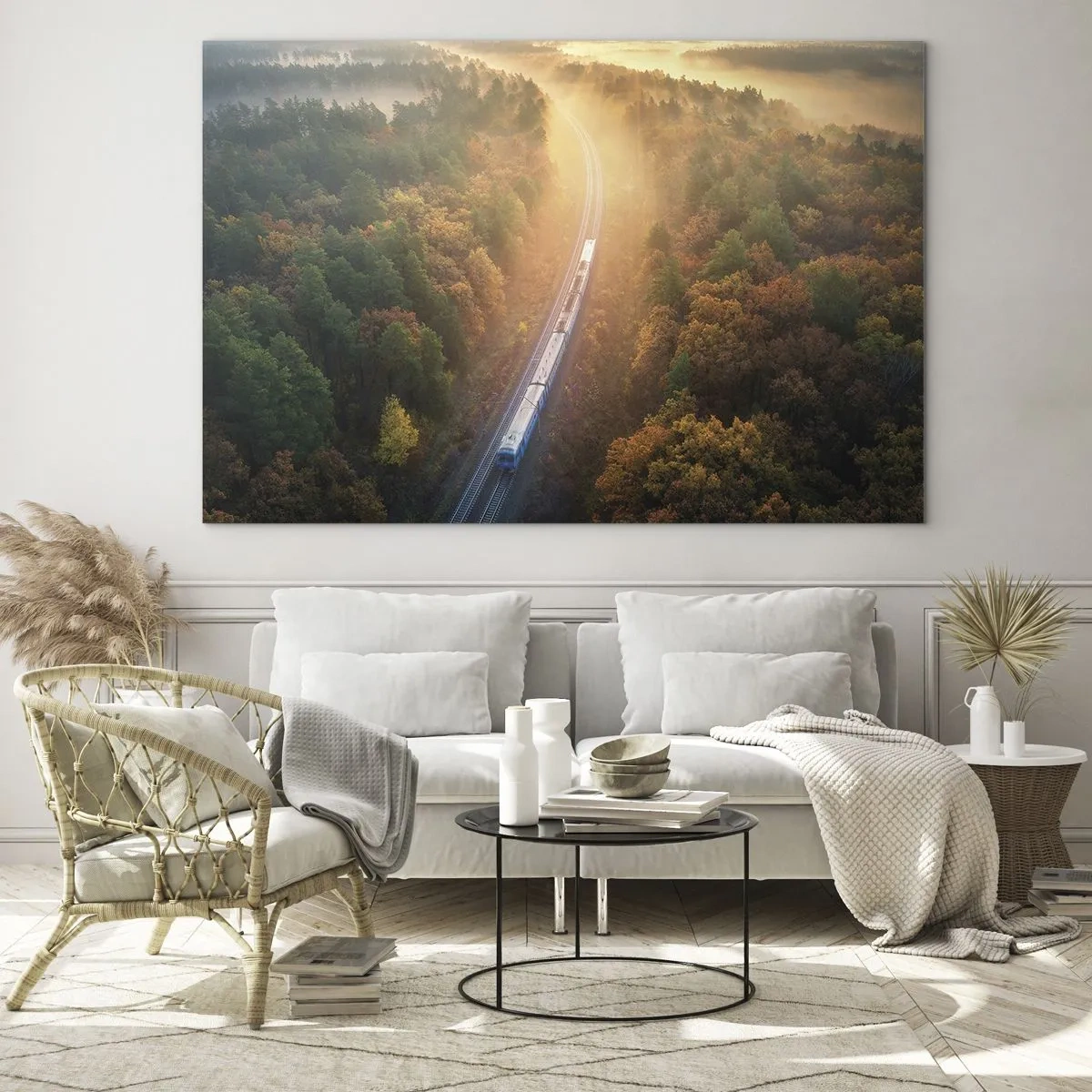 Cuadro sobre vidrio - Impresiones sobre Vidrio - Un tren en un pintoresco paisaje otoñal, lleno de calidez y nostalgia. - 100x70cm - Un viaje otoñal - Decoración de pared moderna para salón y dormitorio ARTTOR