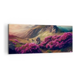 Cuadro sobre lienzo - Impresión de Imagen - Paisaje de montaña con rododendros en flor - 120x50cm - Verano en las montañas - Decoración de pared moderna para salón y dormitorio ARTTOR