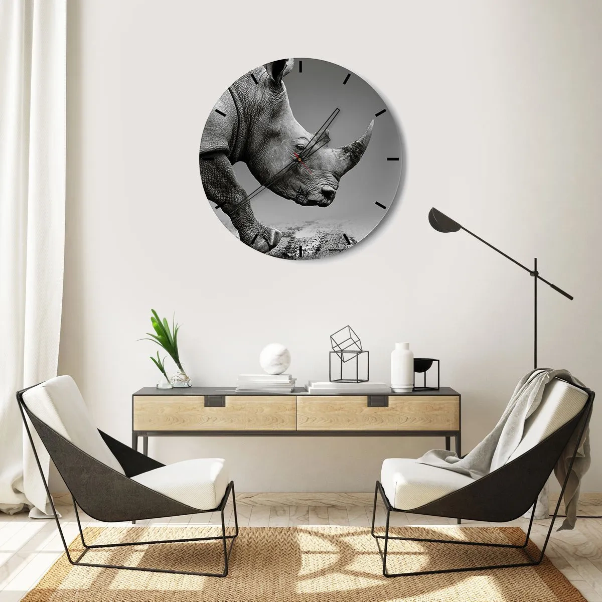Reloj de pared - Reloj de vidrio - Un rinoceronte en estilo blanco y negro sobre un fondo neutro. - 30x30cm - Fuerza imparable - Decoración de pared moderna para salón, cocina y dormitorio ARTTOR
