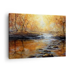 Cuadro sobre lienzo - Impresión de Imagen - Paisaje otoñal con un río entre los árboles. - 70x50cm - Arroyo de oro - Decoración de pared moderna para salón y dormitorio ARTTOR