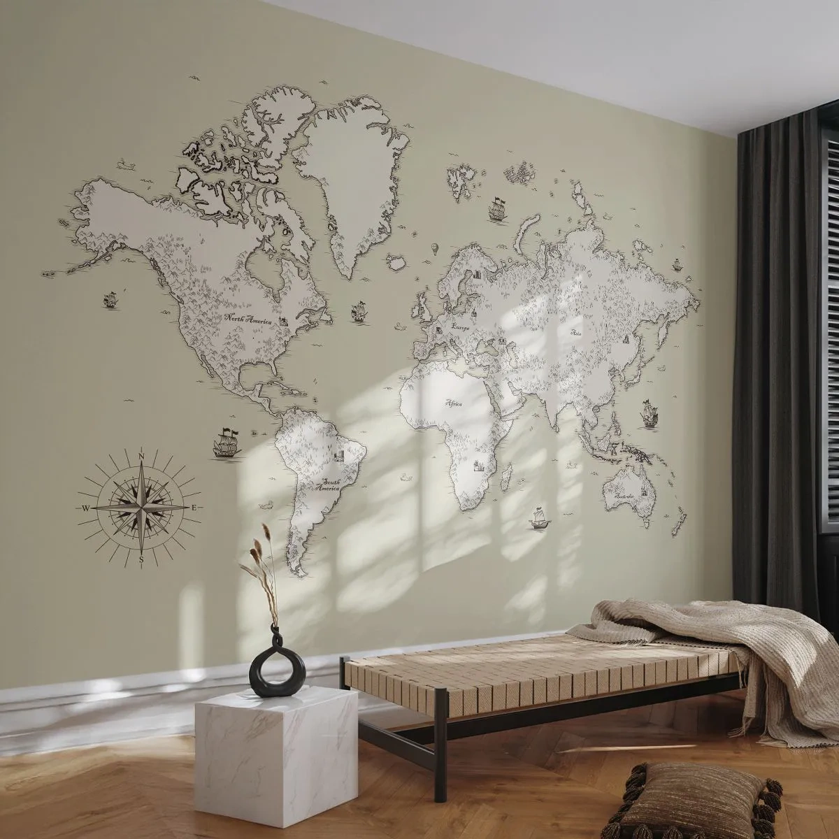 Fotomural Standard Eco - Un viaje alrededor del mundo - Mapa del mundo, Continentes, Barco pirata - 200x140 cm