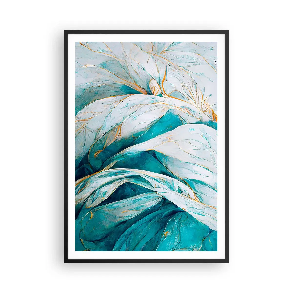 Póster en marco negro - Abstracción azul con motivos dorados - 70x100 cm