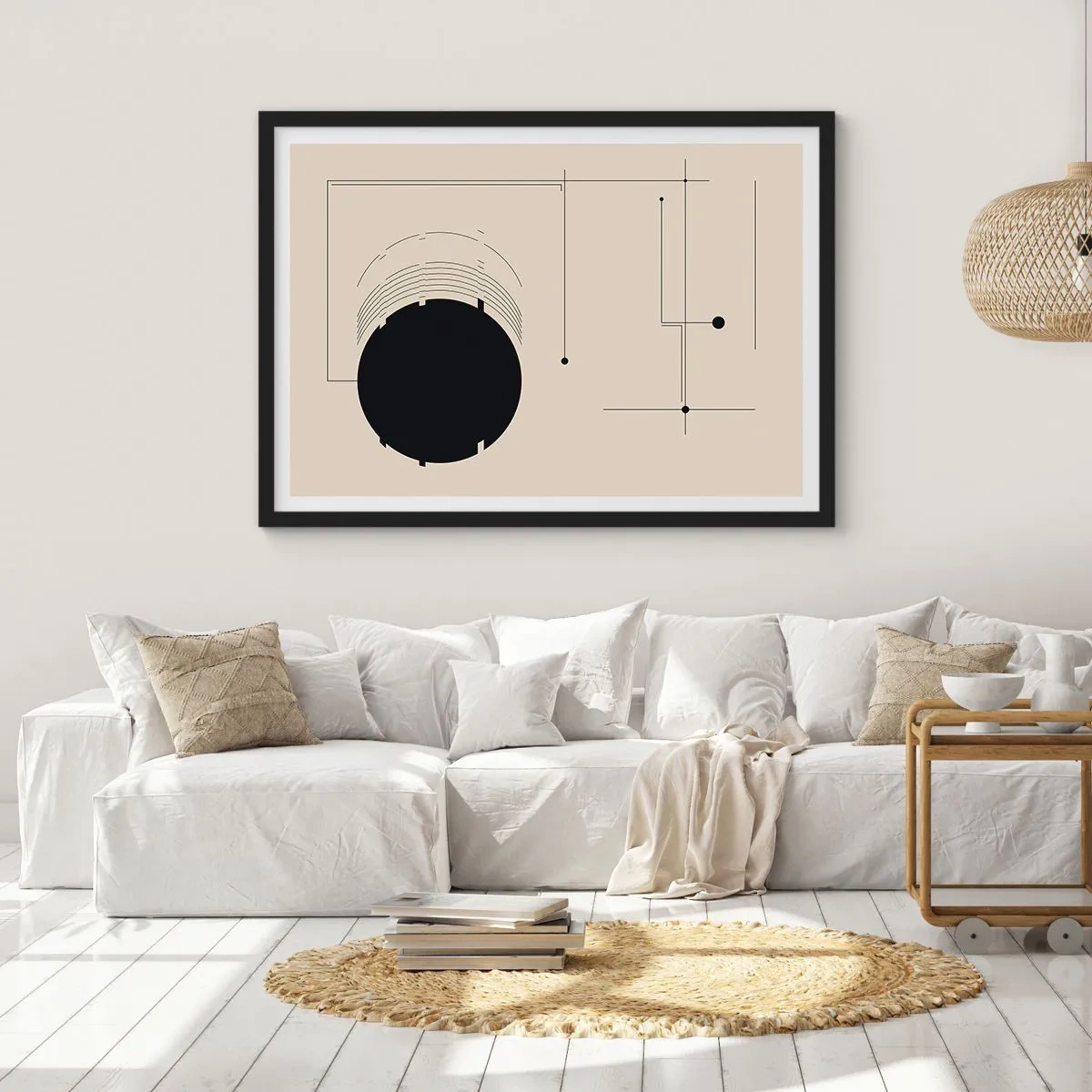 Póster en marco negro - Líneas geométricas negras y un círculo sobre un fondo beige. - 70x50cm - Composición elástica y dinámica - Decoración de pared moderna para salón y dormitorio ARTTOR