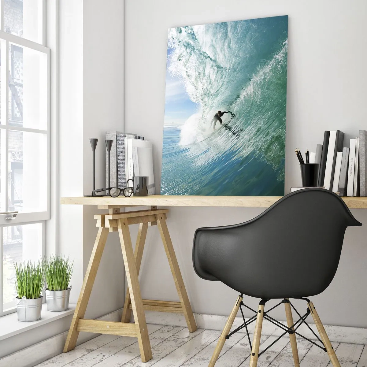 Cuadro sobre vidrio - Impresiones sobre Vidrio - Un surfista montando una ola bajo la luz del sol contra un cielo azul. - 70x100cm - Siempre en la ola - Decoración de pared moderna para salón y dormitorio ARTTOR