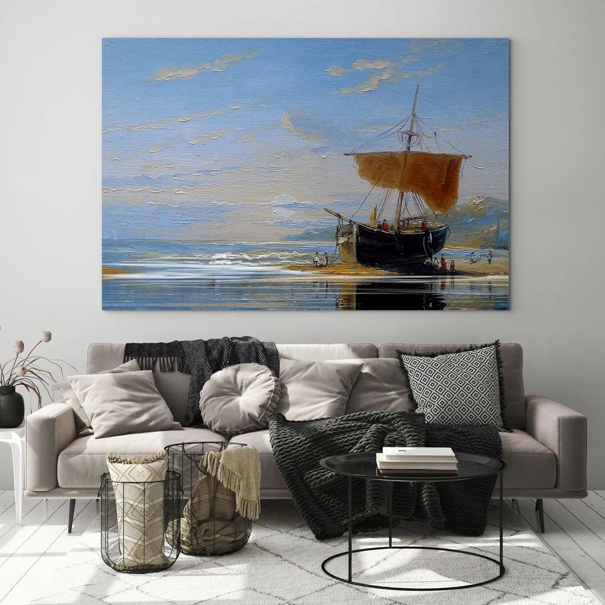 Cuadro sobre vidrio - Impresiones sobre Vidrio - Un barco con una vela en la orilla en estilo pictórico. - 120x80cm - Agua, tierra, aire - Decoración de pared moderna para salón y dormitorio ARTTOR