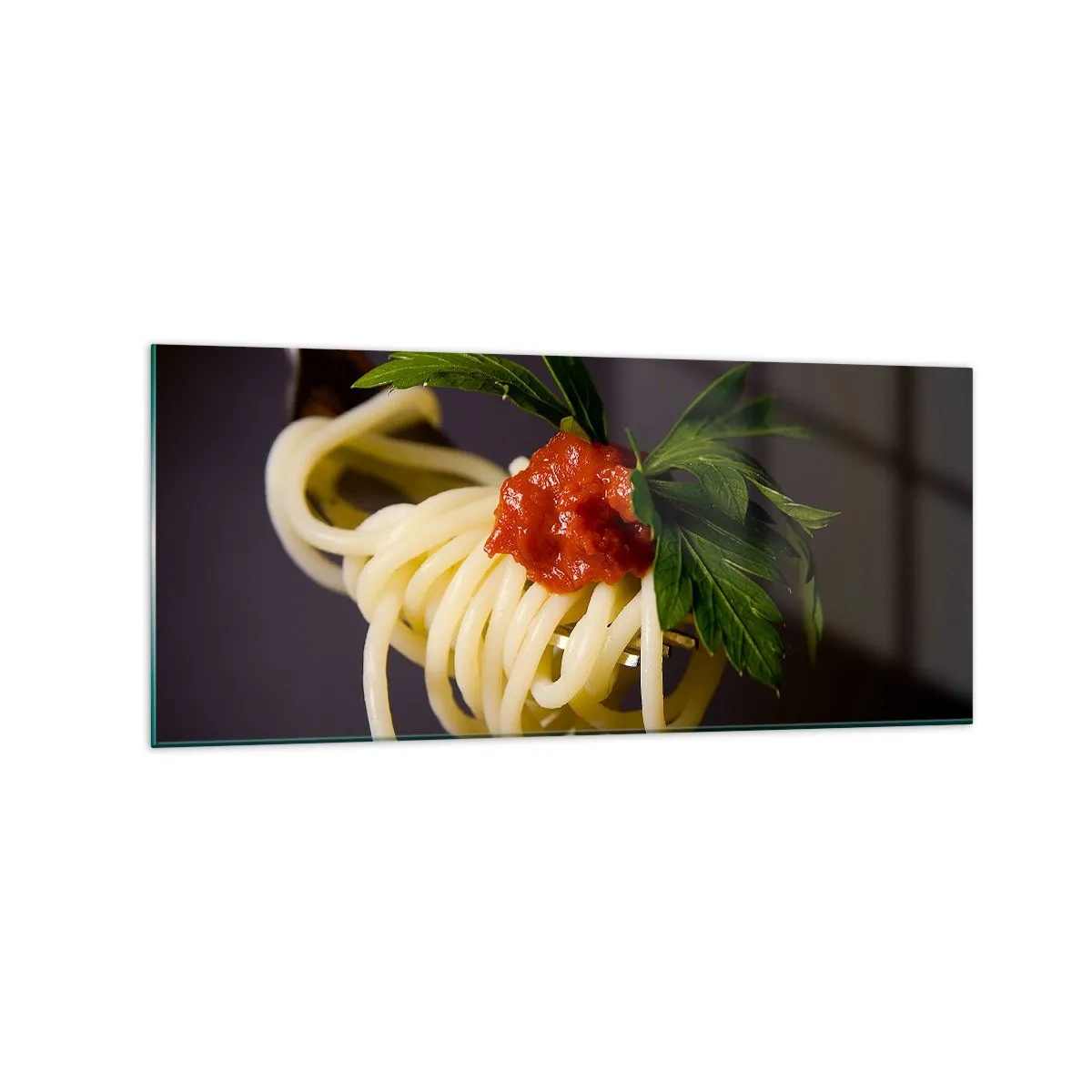Cuadro sobre vidrio - Impresiones sobre Vidrio - Pasta espaguetis al tenedor con salsa de tomate y perejil - 120x50cm - Un sabroso bocado - Decoración de pared moderna para salón y dormitorio ARTTOR
