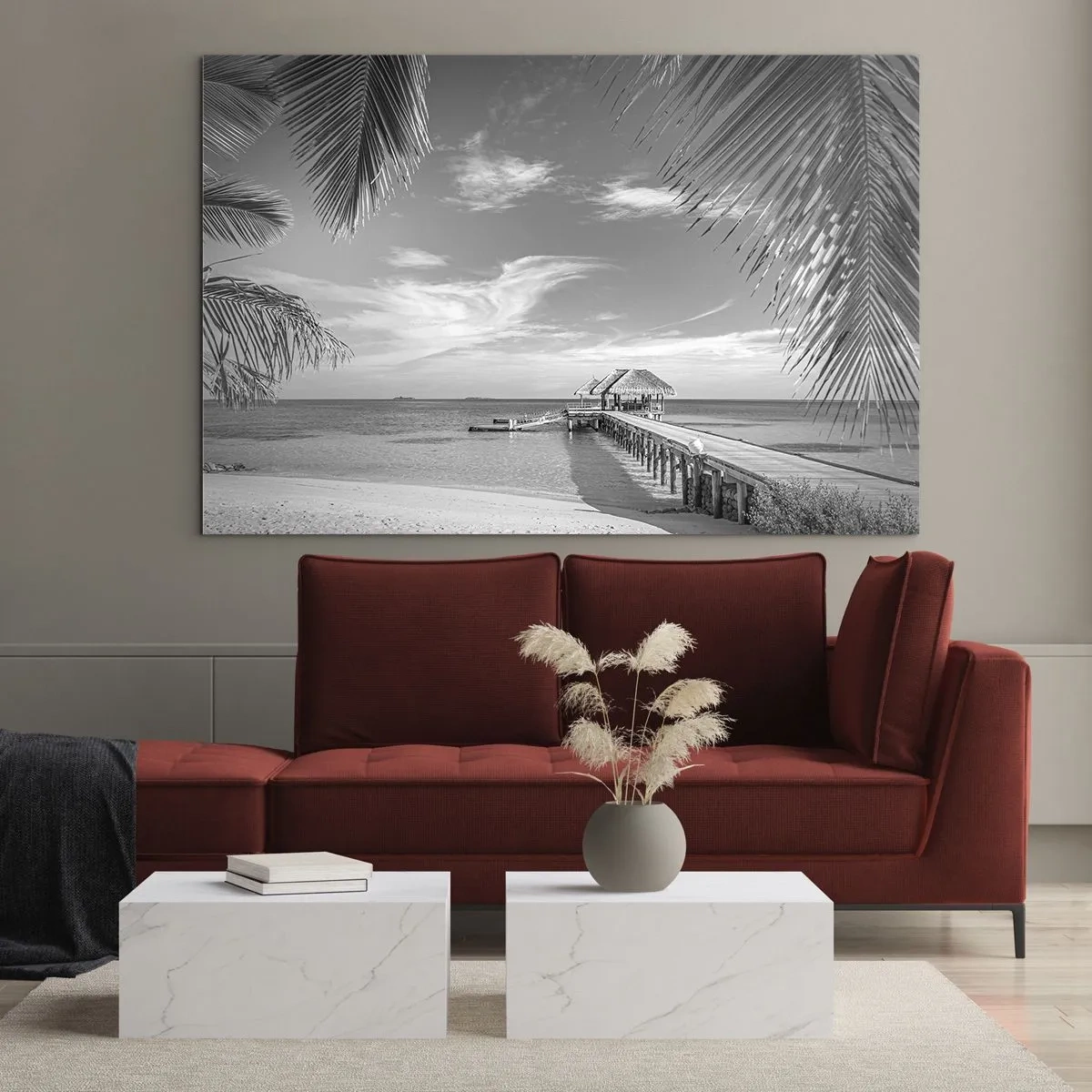 Cuadro sobre vidrio - Impresiones sobre Vidrio - Fotografía en blanco y negro de una playa tropical con un embarcadero. - 100x70cm - ¿Un recuerdo o un sueño? - Decoración de pared moderna para salón y dormitorio ARTTOR