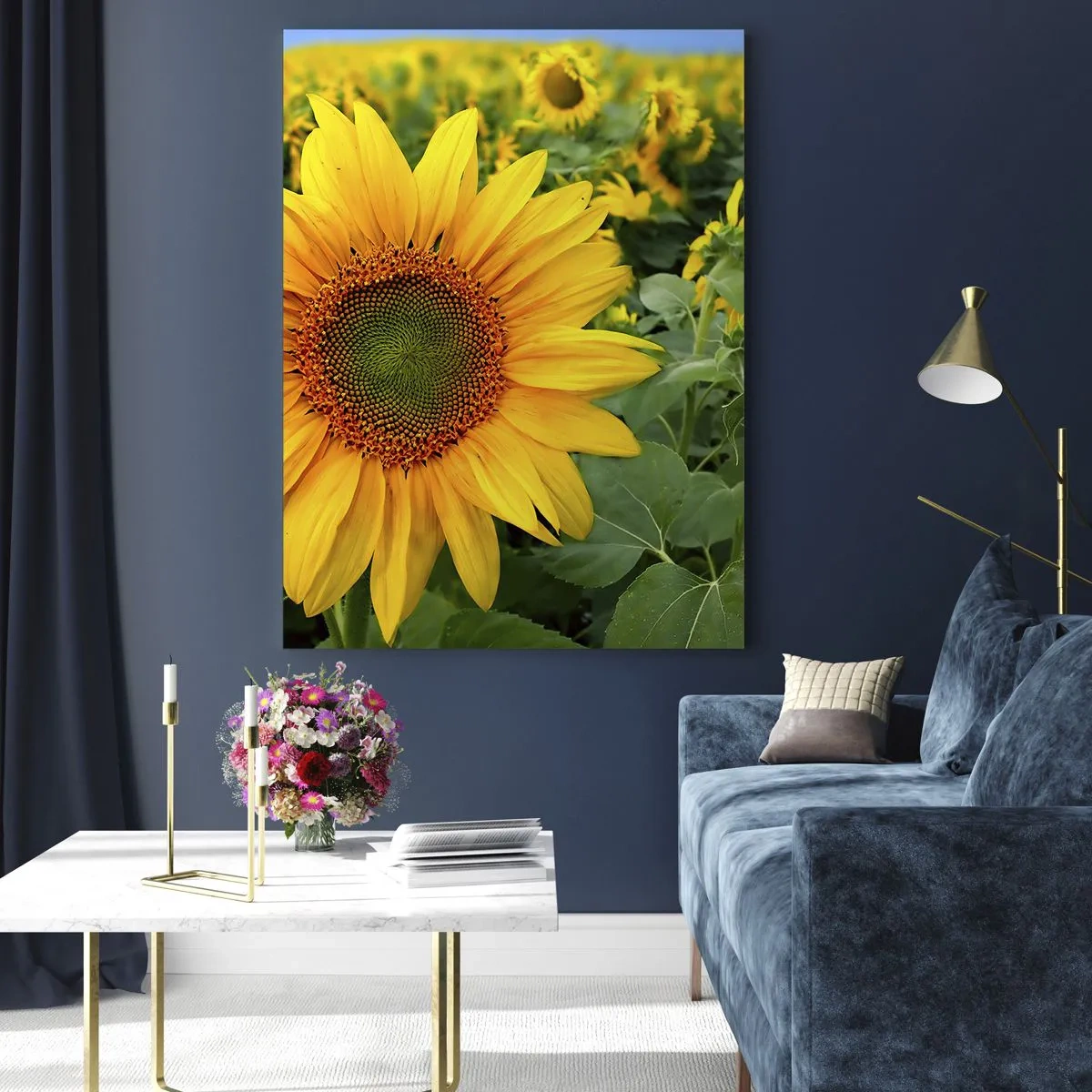 Cuadro sobre vidrio - Impresiones sobre Vidrio - Un campo de girasoles en plena floración bajo un cielo azul. - 50x70cm - Cientos de soles estallan - Decoración de pared moderna para salón y dormitorio ARTTOR