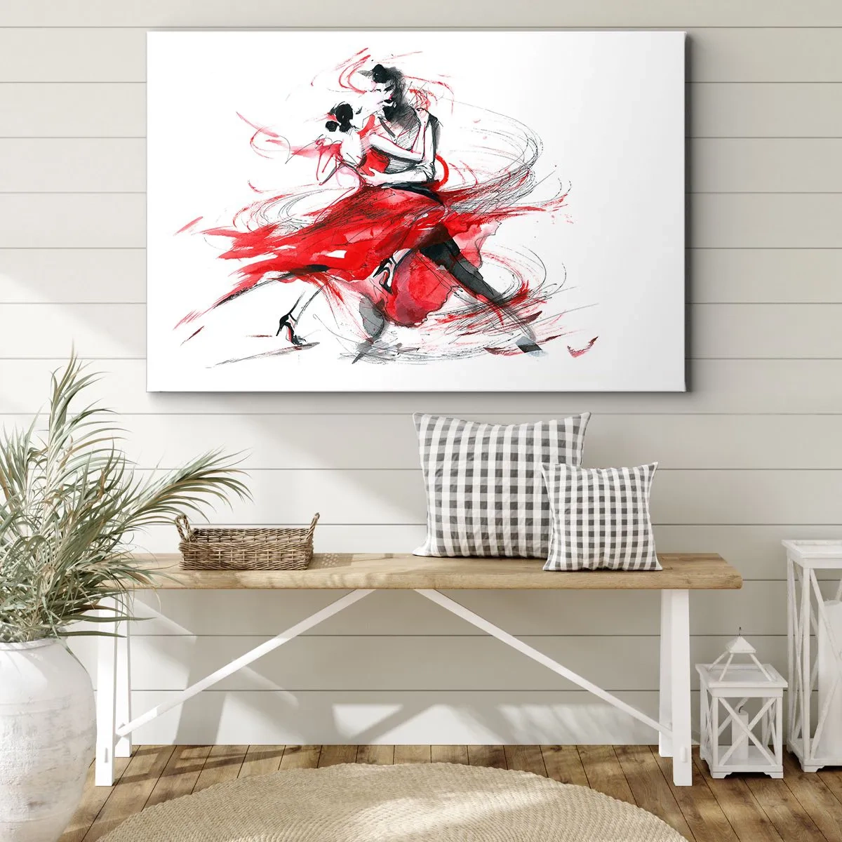 Cuadro sobre lienzo - Impresión de Imagen - Bailarines en un baile dinámico con acentos rojos. - 70x50cm - El tango: el ritmo de la pasión - Decoración de pared moderna para salón y dormitorio ARTTOR