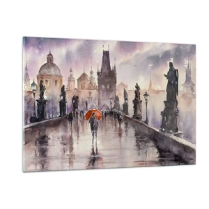 Cuadro sobre vidrio - Impresiones sobre Vidrio - Caminando bajo la lluvia por un puente con un paraguas naranja - 120x80cm - La gente no cambia - Decoración de pared moderna para salón y dormitorio ARTTOR