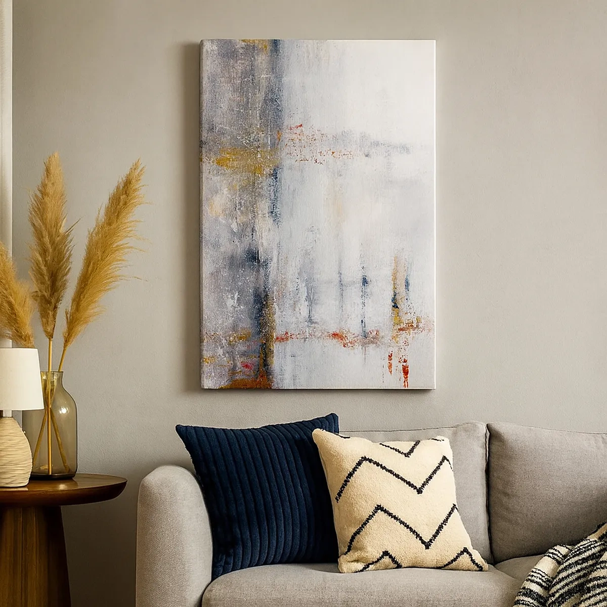 Cuadro sobre lienzo - Impresión de Imagen - Un paisaje abstracto con acentos borrosos de gris y dorado. - 50x70cm - Tras una cortina de aire - Decoración de pared moderna para salón y dormitorio ARTTOR