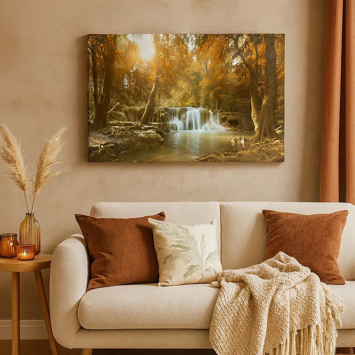 Cuadro sobre lienzo - Impresión de Imagen - Paisaje otoñal con cascada - 70x50cm - Una cascada en el parque - Decoración de pared moderna para salón y dormitorio ARTTOR