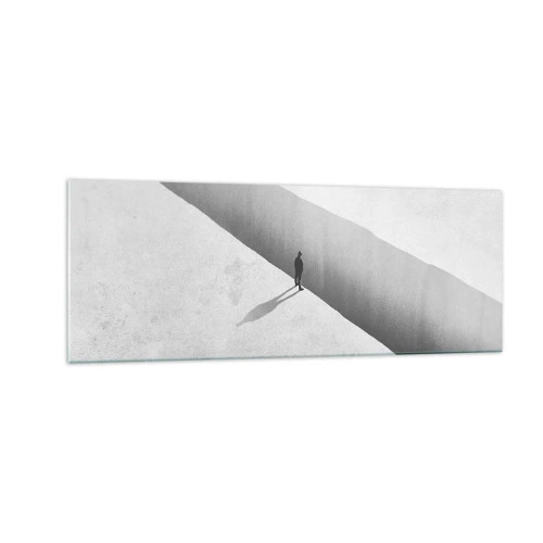 Cuadro sobre vidrio - Impresiones sobre Vidrio - Una figura solitaria se encuentra sobre un profundo abismo en un entorno monocromático. - 140x50cm - Sin un destino claro - Decoración de pared moderna para salón y dormitorio ARTTOR