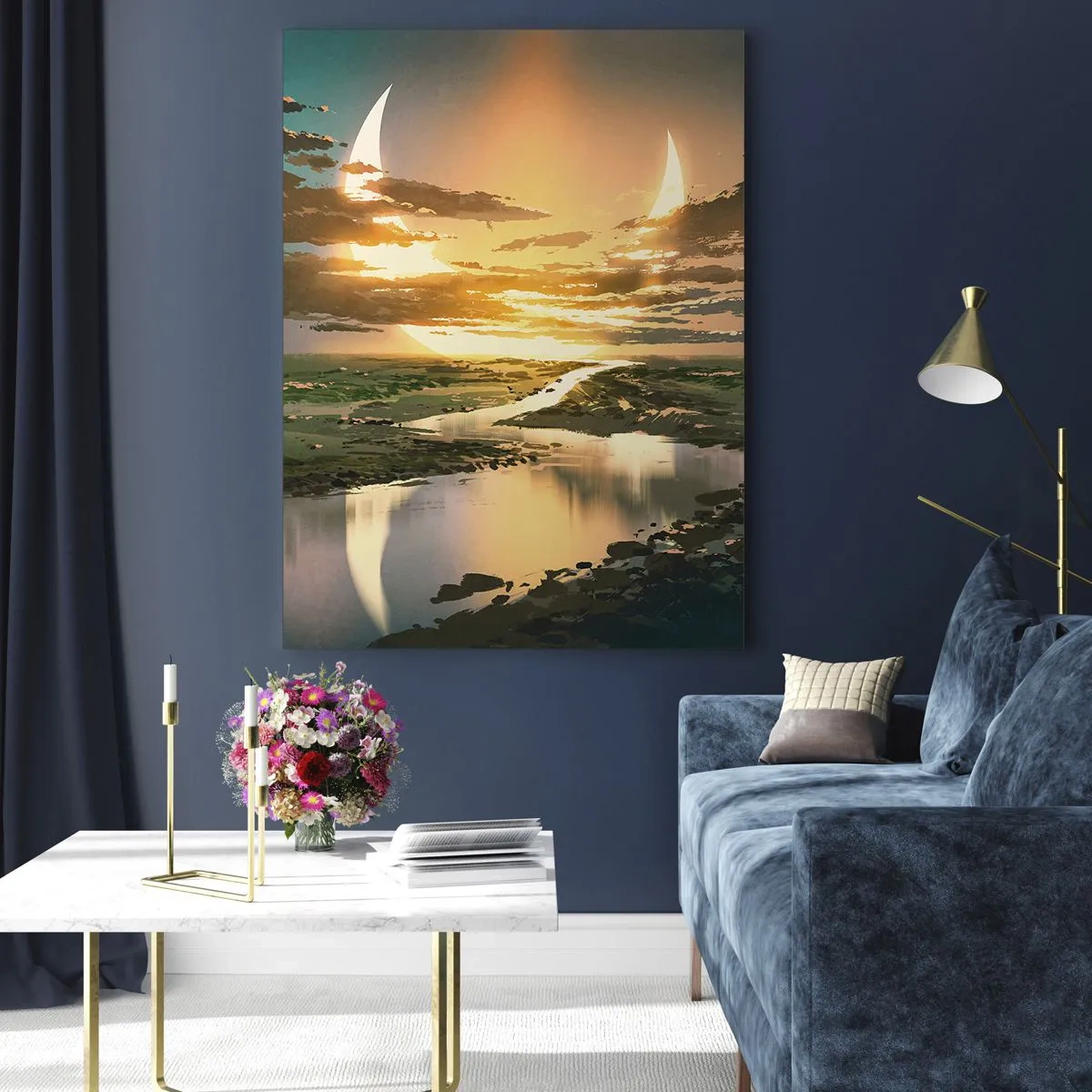 Cuadro sobre vidrio - Impresiones sobre Vidrio - Un paisaje fantástico con una luna doble sobre el río. - 50x70cm - En algún lugar de una galaxia muy, muy lejana - Decoración de pared moderna para salón y dormitorio ARTTOR