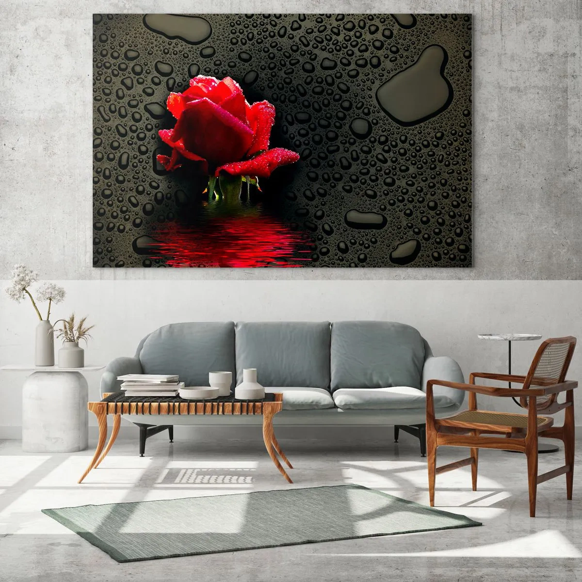 Cuadro sobre vidrio - Impresiones sobre Vidrio - Rosa roja con gotas de agua sobre un fondo oscuro - 70x50cm - Rojo y negro - Decoración de pared moderna para salón y dormitorio ARTTOR