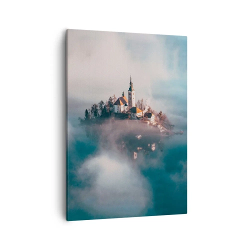 Cuadro sobre lienzo - Impresión de Imagen - Una isla pintoresca con una iglesia rodeada de niebla. - 50x70cm - Isla de los sueños - Decoración de pared moderna para salón y dormitorio ARTTOR