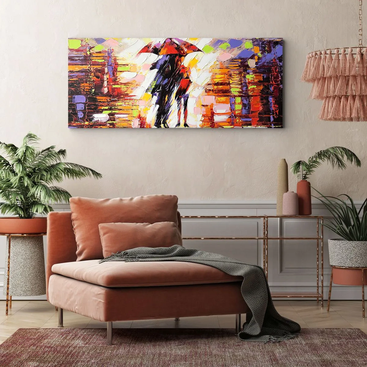 Cuadro sobre lienzo - Impresión de Imagen - Una escena abstracta de un paseo bajo un paraguas en una noche lluviosa. - 160x50cm - Juntos a través de la noche y la lluvia - Decoración de pared moderna para salón y dormitorio ARTTOR