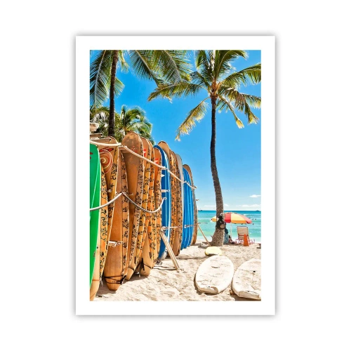 Póster - Tablas de surf en una playa con palmeras y un cielo azul. - 50x70cm - Diversión soleada - Decoración de pared moderna para salón y dormitorio ARTTOR