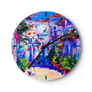 Reloj de pared - Reloj de vidrio - Un encantador patio lleno de flores en colores intensos. - 30x30cm - Impresión - una calle italiana - Decoración de pared moderna para salón, cocina y dormitorio ARTTOR