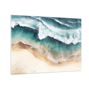 Cuadro sobre vidrio - Impresiones sobre Vidrio - Olas del océano rompiendo en una playa de arena dorada - 70x50cm - Un encuentro eterno - Decoración de pared moderna para salón y dormitorio ARTTOR