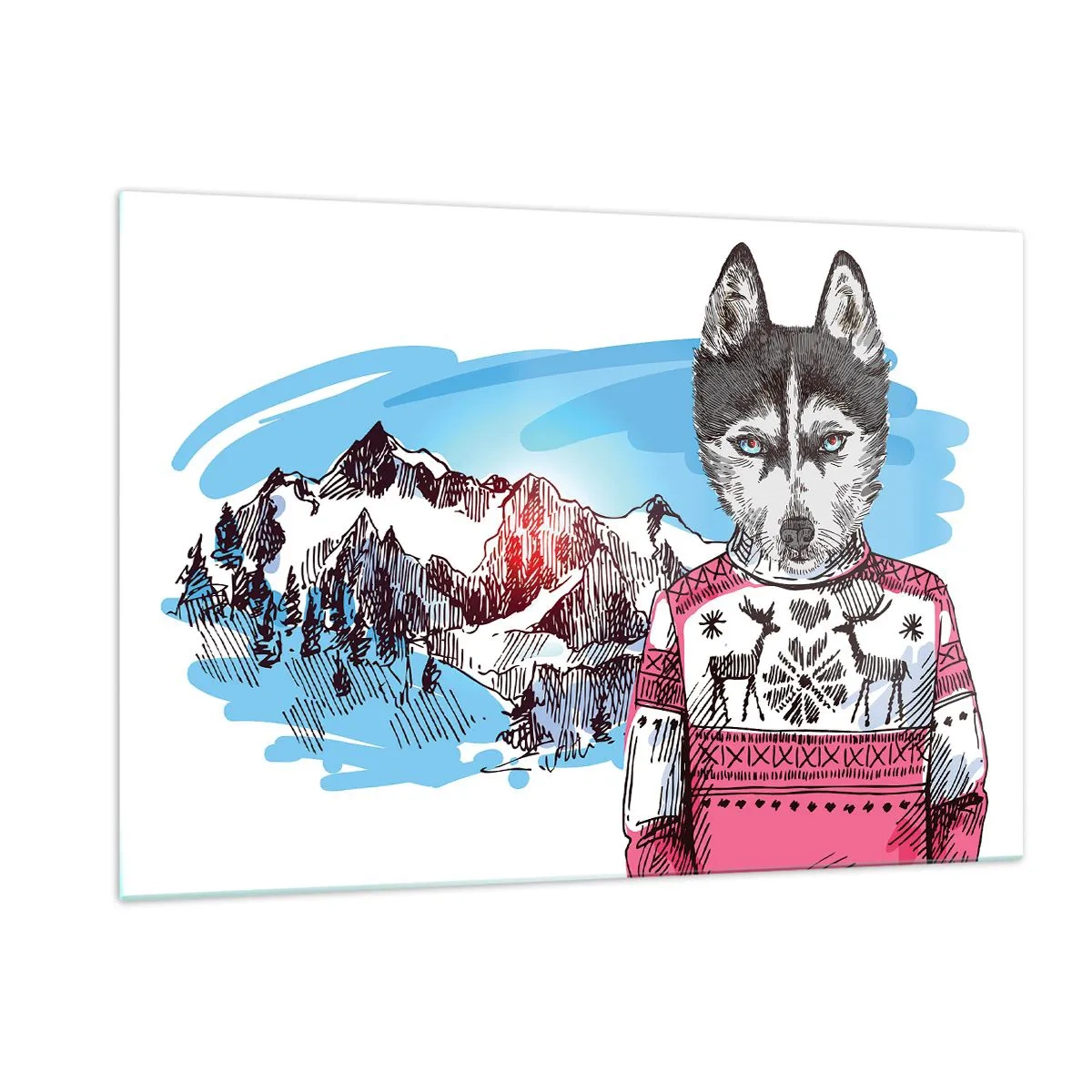 Cuadro sobre vidrio - Impresiones sobre Vidrio - Husky con un suéter con montañas al fondo - 120x80cm - Un lobo con piel de cordero - Decoración de pared moderna para salón y dormitorio ARTTOR