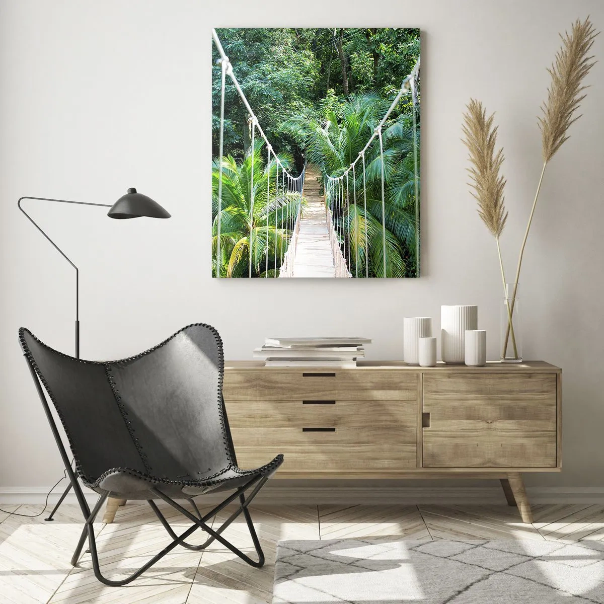 Cuadro sobre vidrio - Impresiones sobre Vidrio - Puente colgante en un bosque tropical - 50x70cm - ¡Bienvenido a la selva! - Decoración de pared moderna para salón y dormitorio ARTTOR