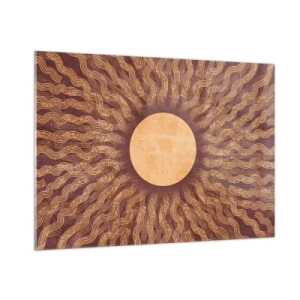 Cuadro sobre vidrio - Impresiones sobre Vidrio - Un sol estilizado con rayos en forma de líneas onduladas sobre un fondo marrón. - 100x70cm - Icono del sol - Decoración de pared moderna para salón y dormitorio ARTTOR