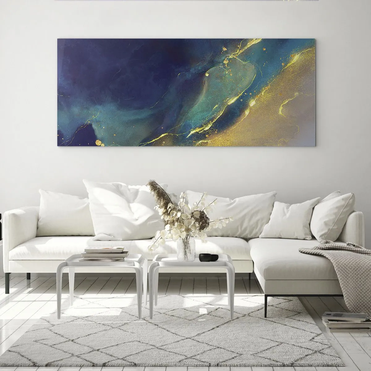 Cuadro sobre vidrio - Impresiones sobre Vidrio - Composición abstracta en tonos azules y dorados sobre lienzo. - 120x50cm - Inundación dorada - Decoración de pared moderna para salón y dormitorio ARTTOR