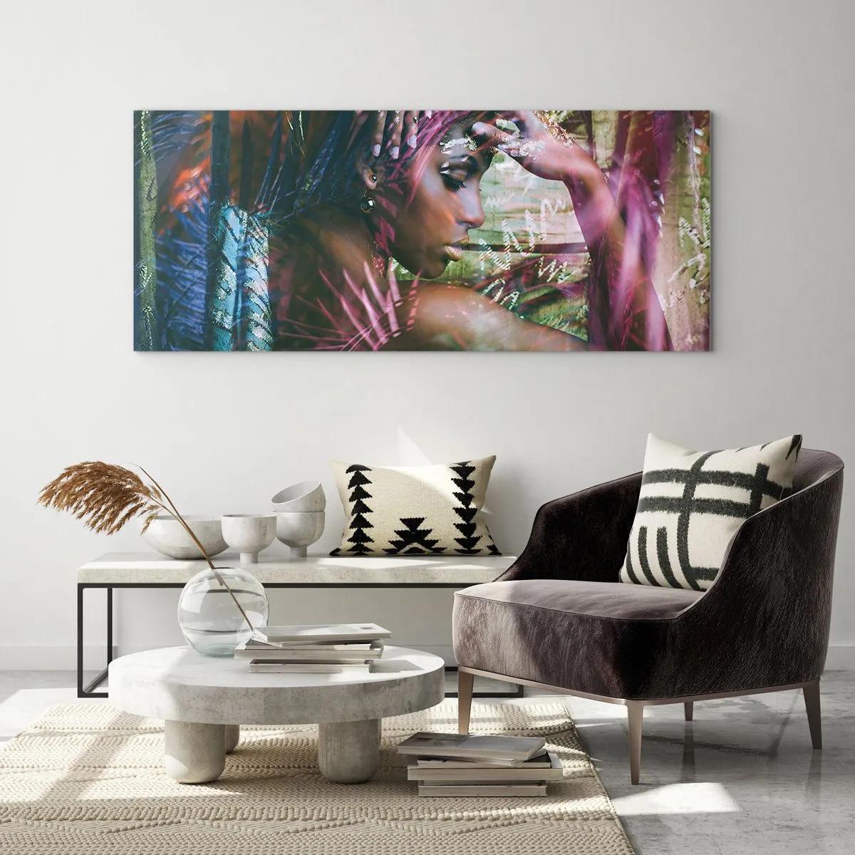 Cuadro sobre vidrio - Impresiones sobre Vidrio - Retrato de una mujer rodeada de vegetación exótica. - 120x50cm - La madre naturaleza en la selva - Decoración de pared moderna para salón y dormitorio ARTTOR
