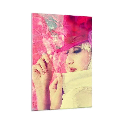 Cuadro sobre vidrio - Impresiones sobre Vidrio - Mujer elegante con un sombrero rosa y una flor. - 80x120cm - Retrato retro en rosa - Decoración de pared moderna para salón y dormitorio ARTTOR