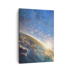 Cuadro sobre lienzo - Impresión de Imagen - Vista de la Tierra desde el espacio al amanecer - 50x70cm - Mirémonos a nosotros mismos desde la distancia - Decoración de pared moderna para salón y dormitorio ARTTOR