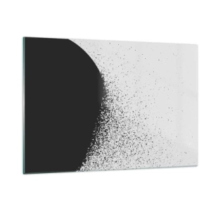 Cuadro sobre vidrio - Impresiones sobre Vidrio - Abstracción de una masa negra que se deshace sobre un fondo blanco - 120x80cm - El movimiento de las partículas - Decoración de pared moderna para salón y dormitorio ARTTOR