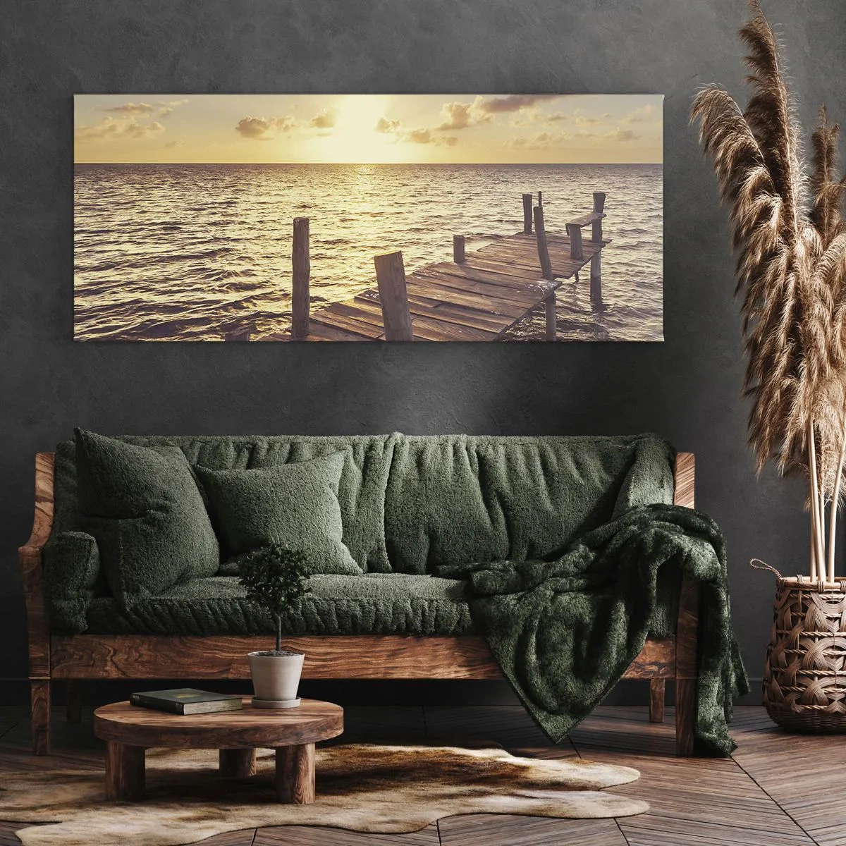 Cuadro sobre lienzo - Impresión de Imagen - Un embarcadero de madera que conduce hacia la puesta del sol. - 160x50cm - Una tierra dorada de dulzura - Decoración de pared moderna para salón y dormitorio ARTTOR