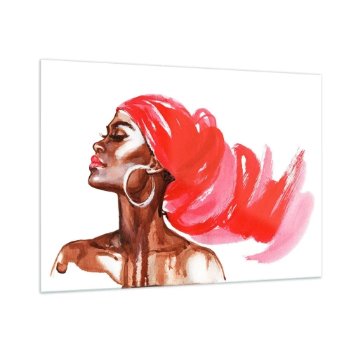 Cuadro sobre vidrio - Impresiones sobre Vidrio - Retrato en acuarela de una mujer con turbante rojo. - 100x70cm - Aroma que te hace sentir - Decoración de pared moderna para salón y dormitorio ARTTOR