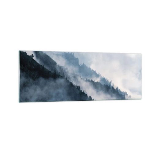 Cuadro sobre vidrio - Impresiones sobre Vidrio - La niebla se cierne sobre las laderas boscosas de las montañas en un paisaje misterioso. - 140x50cm - Misticismo de las montañas - Decoración de pared moderna para salón y dormitorio ARTTOR