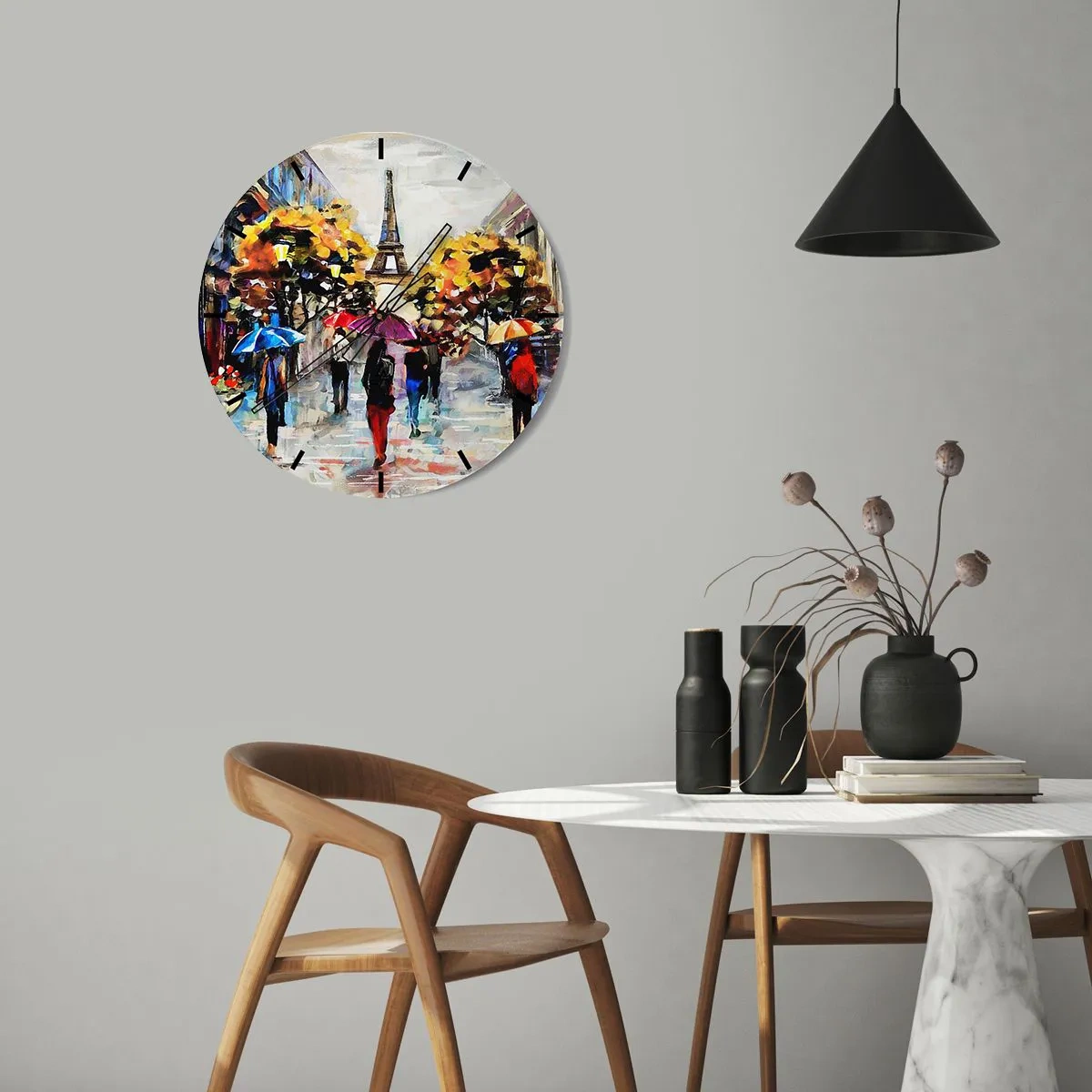 Reloj de pared - Reloj de vidrio - La Torre Eiffel con árboles otoñales y sombrillas en la calle. - 30x30cm - Especialmente hermoso en otoño - Decoración de pared moderna para salón, cocina y dormitorio ARTTOR