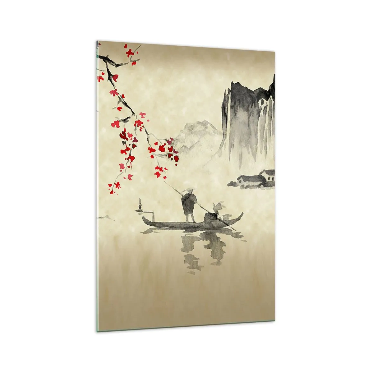 Cuadro sobre vidrio - Impresiones sobre Vidrio - Ilustración oriental con un barco y una rama floreciente. - 70x100cm - En el país de los cerezos en flor - Decoración de pared moderna para salón y dormitorio ARTTOR