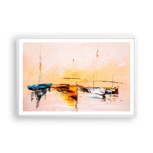 Póster en marco blanco - Atardecer en el puerto deportivo - 91x61 cm