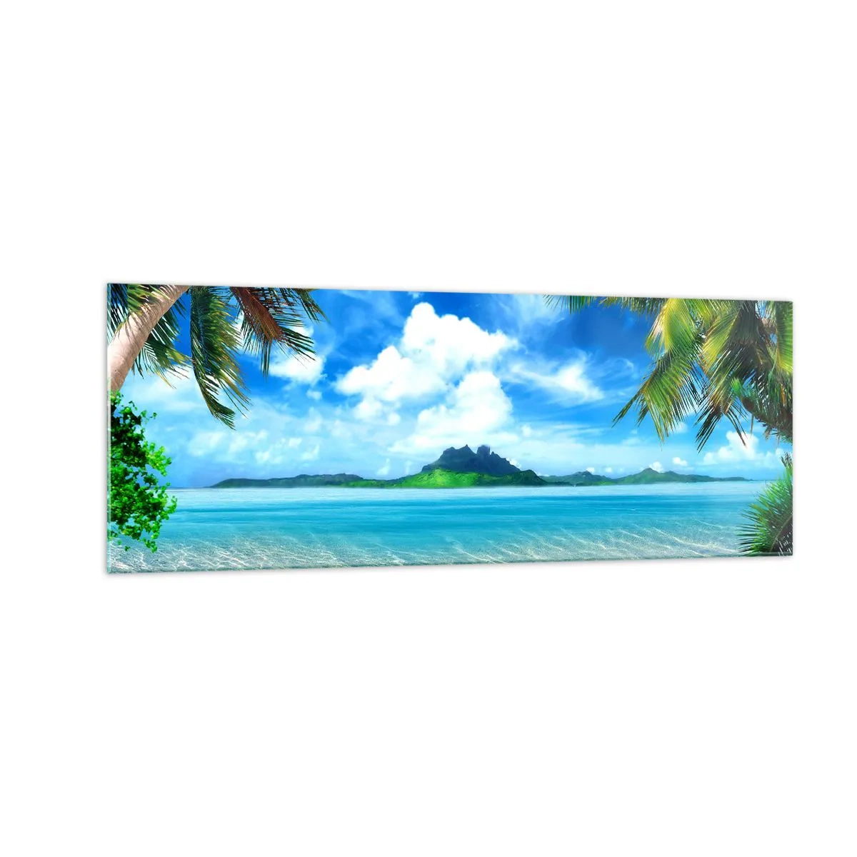 Cuadro sobre vidrio - Impresiones sobre Vidrio - Playa tropical con palmeras y vista a la isla. - 140x50cm - El azul de los trópicos - Decoración de pared moderna para salón y dormitorio ARTTOR