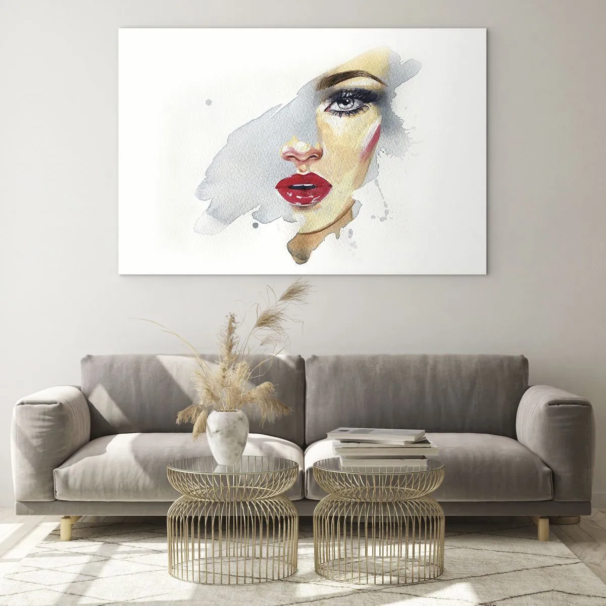 Cuadro sobre vidrio - Impresiones sobre Vidrio - Retrato en acuarela de una mujer con labios rojos. - 70x50cm - Reflejo en una gota de agua - Decoración de pared moderna para salón y dormitorio ARTTOR