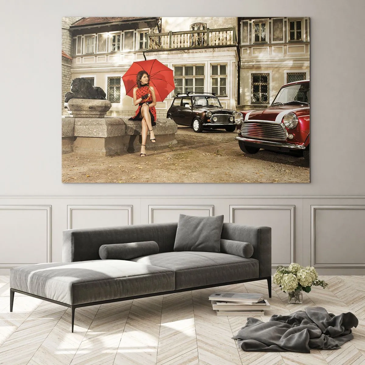 Cuadro sobre vidrio - Impresiones sobre Vidrio - Mujer con paraguas rojo y coches clásicos - 100x70cm - Un mini viaje sentimental - Decoración de pared moderna para salón y dormitorio ARTTOR