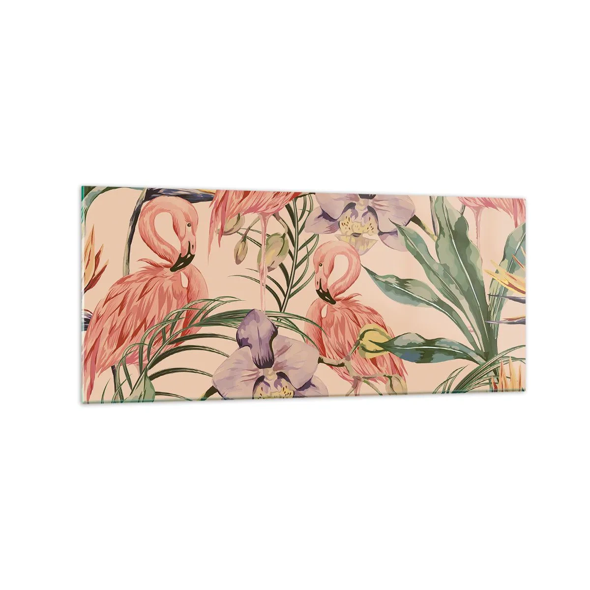 Cuadro sobre vidrio - Impresiones sobre Vidrio - Flamencos y flores tropicales sobre un fondo claro. - 120x50cm - Un ballet rosa en flores - Decoración de pared moderna para salón y dormitorio ARTTOR