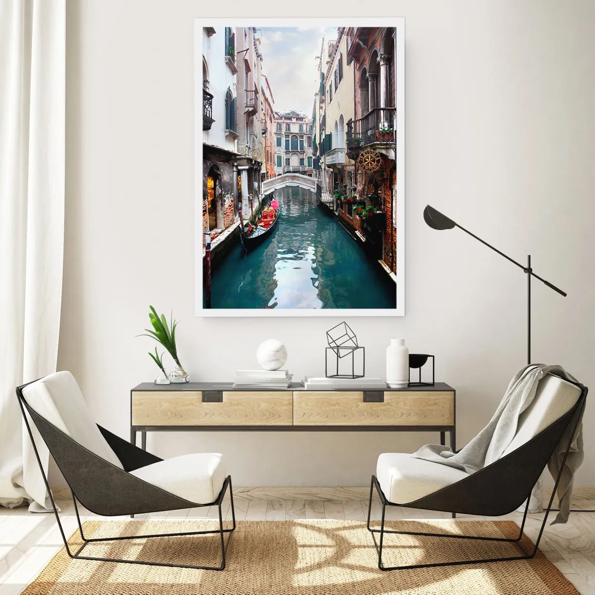 Póster - Paisaje veneciano con góndola y puente - 70x100 cm