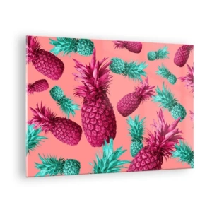 Cuadro sobre vidrio - Impresiones sobre Vidrio - Piñas de colores en tonos rosa y verde sobre un fondo rosa. - 70x50cm - La libertad es dulce - Decoración de pared moderna para salón y dormitorio ARTTOR