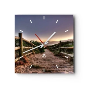 Reloj de pared - Reloj de vidrio - Camino de madera en las dunas que conduce a la playa al atardecer - 30x30cm - Objetivo a la vista - Decoración de pared moderna para salón y dormitorio ARTTOR