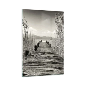 Cuadro sobre vidrio - Impresiones sobre Vidrio - Un embarcadero de madera entre hierbas altas sobre un lago de tonos sepia. - 80x120cm - En la quietud de los juncos - Decoración de pared moderna para salón y dormitorio ARTTOR