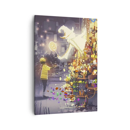 Cuadro sobre lienzo - Impresión de Imagen - Un personaje de cuento de hadas y un niño en una calle llena de luces y magia. - 50x70cm - Los hechizos existen - Decoración de pared moderna para salón y dormitorio ARTTOR
